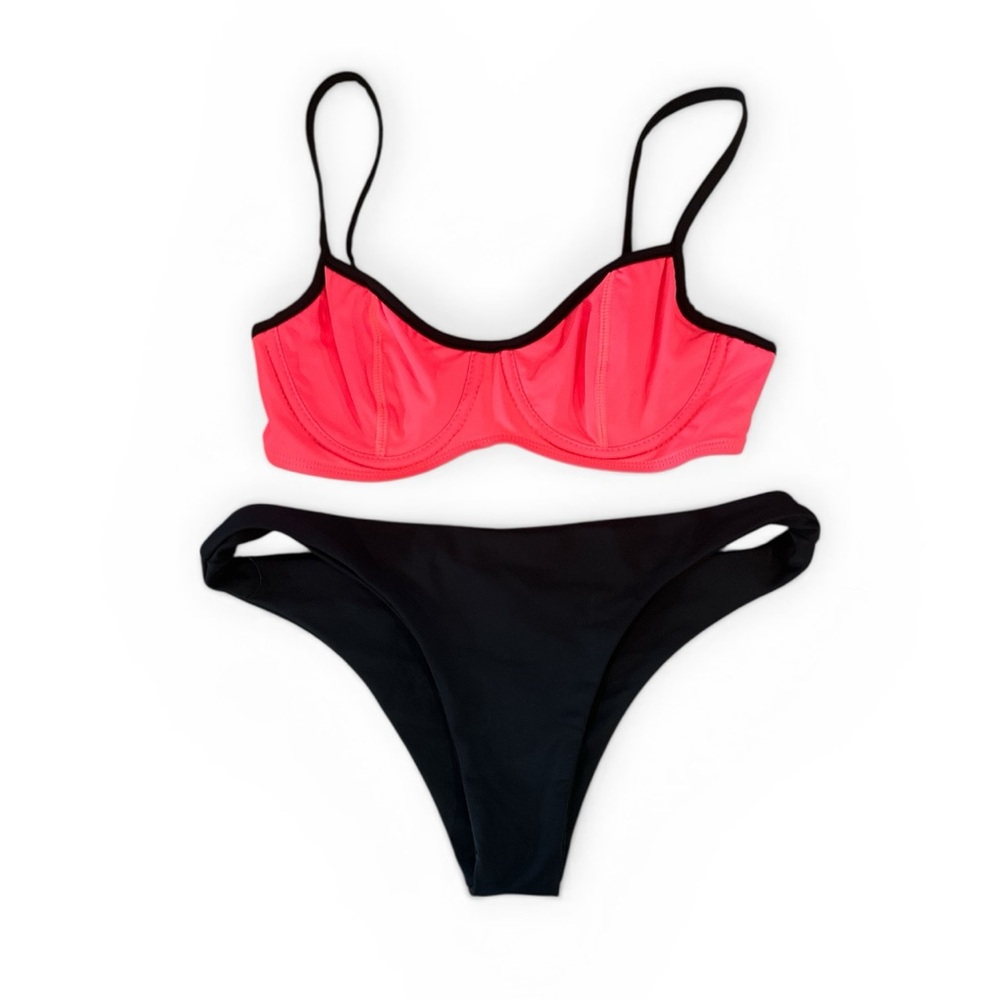 Vibrant Coral and Black Bikini Set